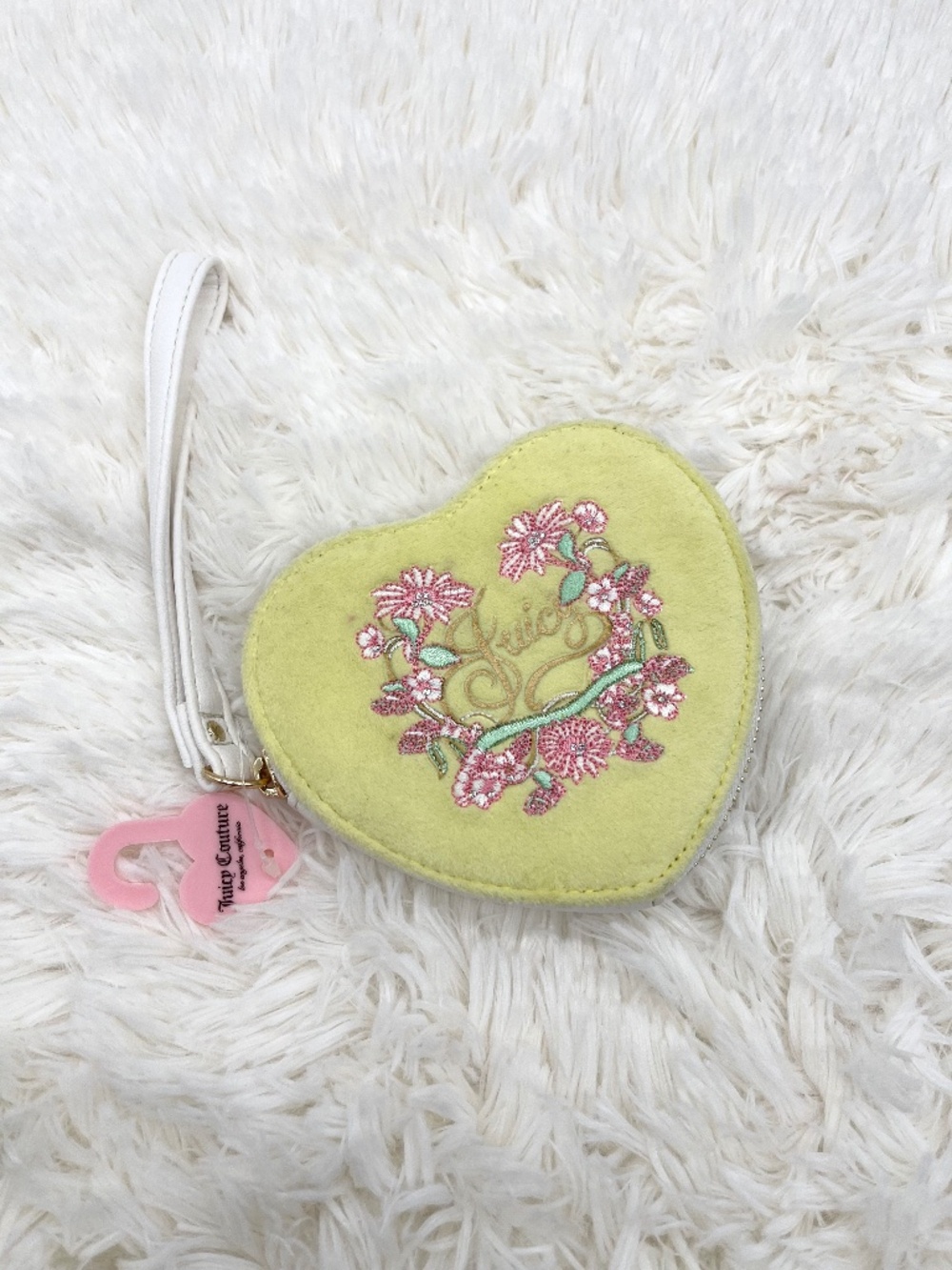 Juicy Couture Heart Wristlet Coin Purse Yellow Velour Floral Embroidered NWT Y2K